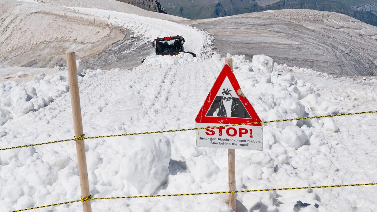 Snowy mountain path with stop sign indicating avalanche risk, Jungfrau region.