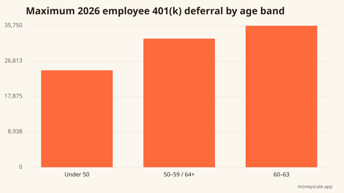 Base $24,500 limit plus the applicable catch-up. Source: IRS 2026 retirement plan limits.